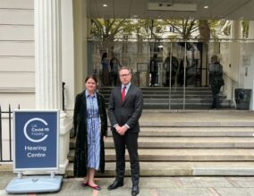 Kate Nicholls, Chief Executive of UKHospitality, and Allen Simpson, Deputy Chief Executive of UKHospitality, outside the Covid-19 Inquiry in London.